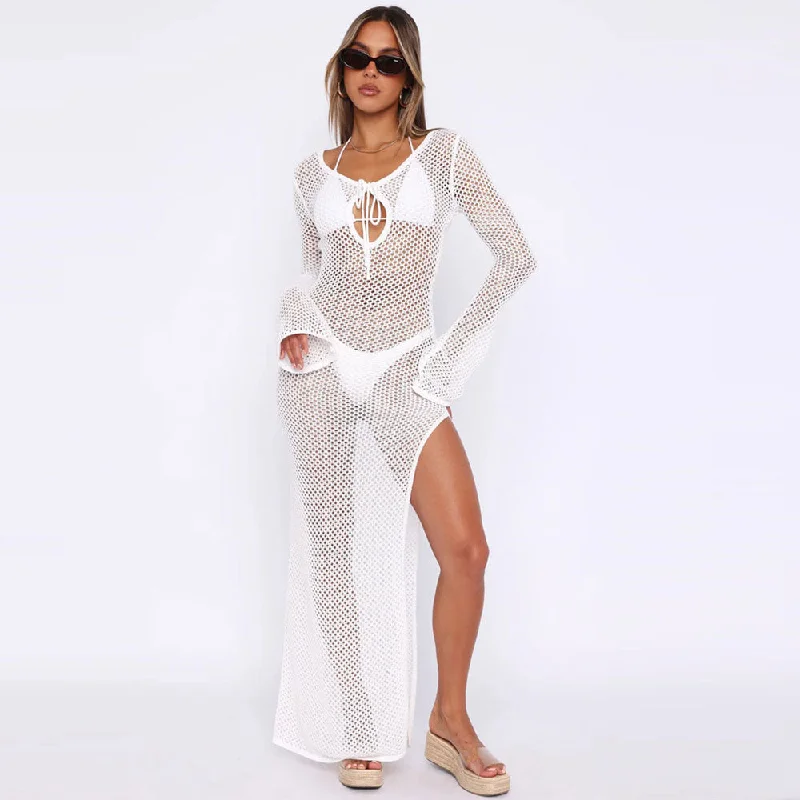 Striped Women Sweater with a Timeless PatternSexy Tie Neck Cutout Bell Sleeve Split See Through Crochet Knit Maxi Dress