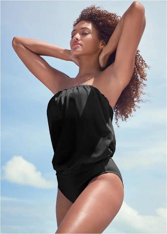 Open - Front Women Sweater for Easy LayeringBlouson Bandeau Tankini Top - Black Beauty