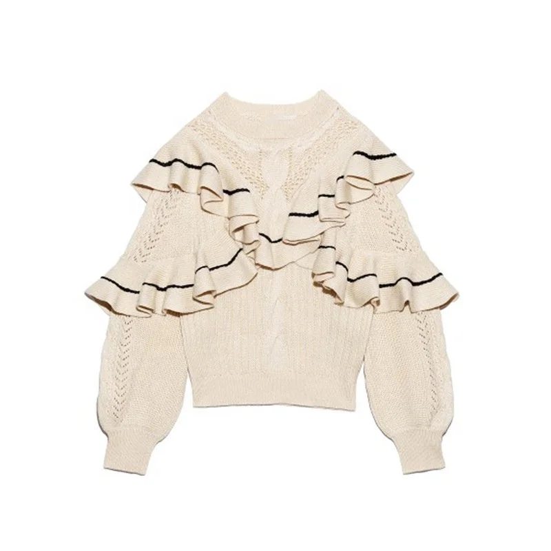 Long - Sleeve Women Sweater with Ribbed CuffsWinter Is New Layer Upon Spell Color Lotus Leaf Round Collar Sweet Loose Knit Sweater Female