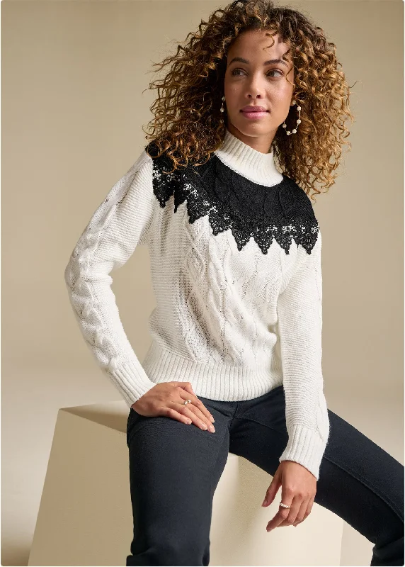 Cable - Knit Women Sweater with Intricate PatternsLace Detail Mock Neck Sweater - Off White & Black