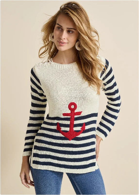 Turtleneck Women Sweater for a Classic and Elegant StyleAnchor Crewneck Sweater - White Multi