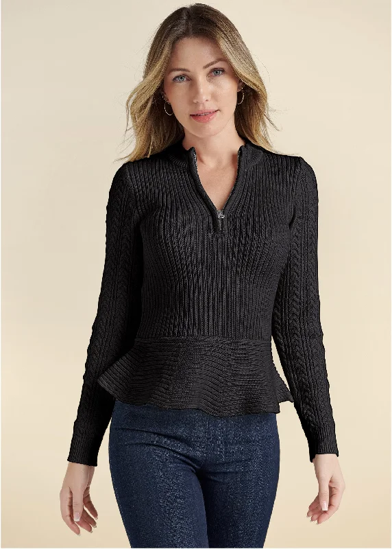 Organic Cotton Women Sweater for an Eco - Friendly ChoiceHalf Zip Peplum Sweater - Black