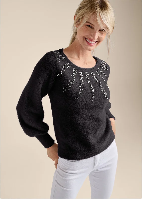 Organic Cotton Women Sweater for an Eco - Friendly ChoiceJeweled Feather-Soft Sweater - Black Multi