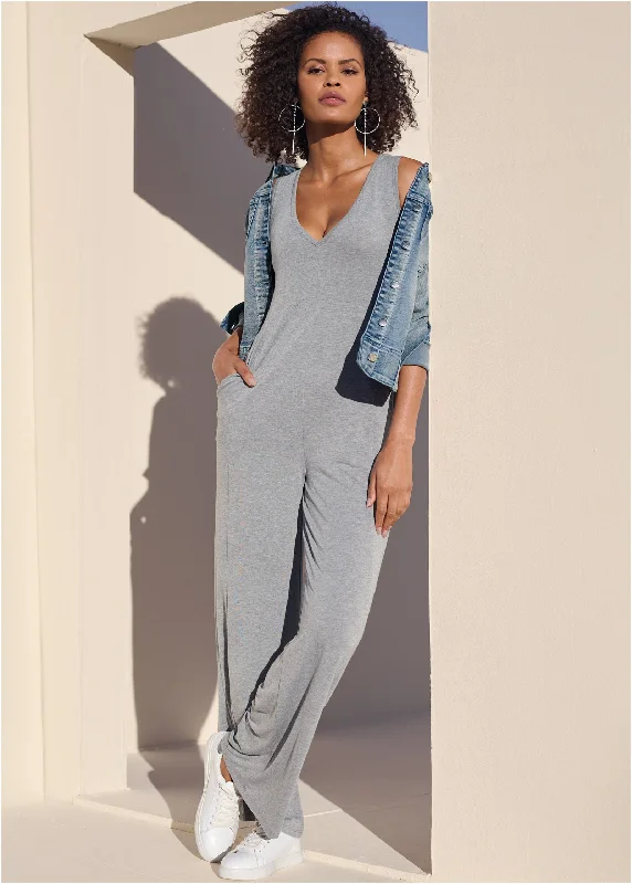 Floral Print Women Sweater for a Feminine AppealRelaxed V-Neck Jumpsuit - Heather Grey