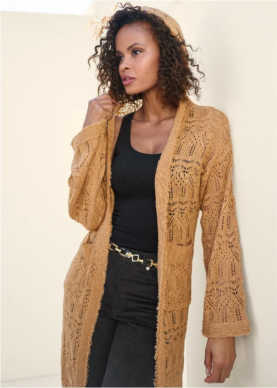 Hooded Women Sweater for Added Comfort and StyleFringe Detail Hooded Duster - Dark Gold