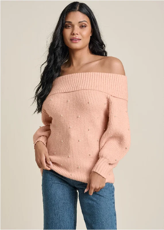 Hooded Women Sweater for Added Comfort and StylePearl Embellished Sweater - Peach