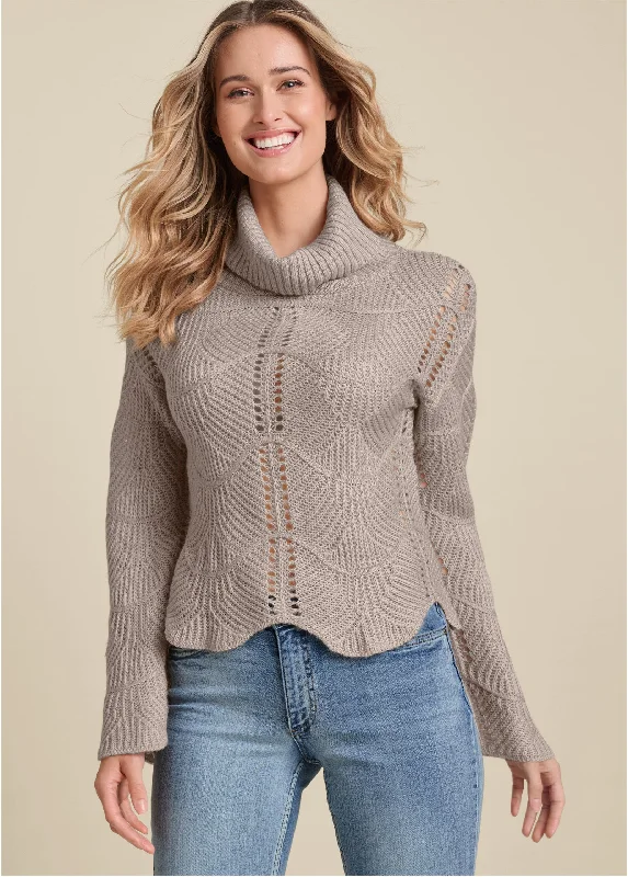 Striped Women Sweater with a Timeless PatternScallop Detail Turtleneck - Taupe