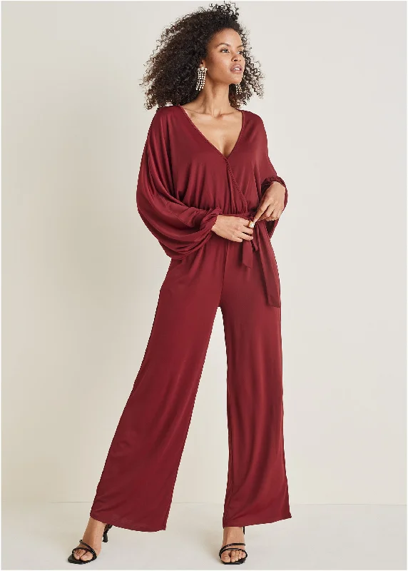 Turtleneck Women Sweater for a Classic and Elegant StyleVolume Sleeve Detail Jumpsuit - Wine