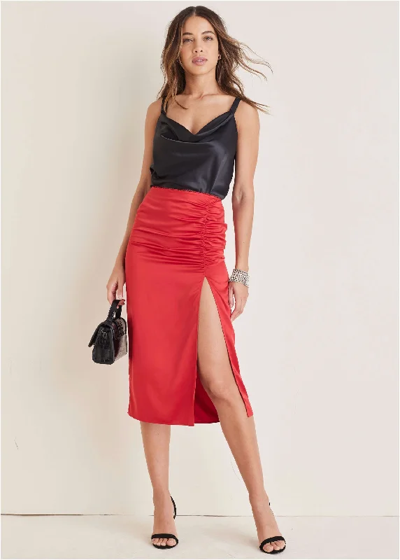 Button - Down Women Sweater for a Versatile LookRuched Detail Midi Skirt - Equestrian Red