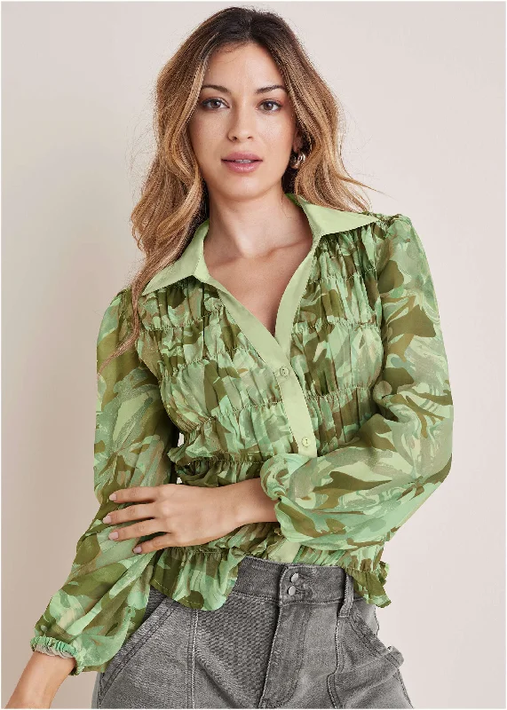 Lightweight Women Sweater for Spring and FallCollared Smocked Top - Abstract Camo