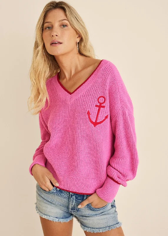 Sequin - Embellished Women Sweater for Special OccasionsAnchor V-Neck Sweater - Hot Pink