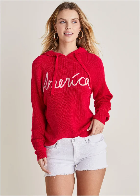 Hand - Knitted Women Sweater with Artisanal CharmAmerica Hoodie Sweater - Racing Red Multi