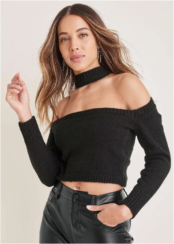 Cashmere Women Sweater with a Luxurious Soft TouchWrap Halter Neck Sweater - Black