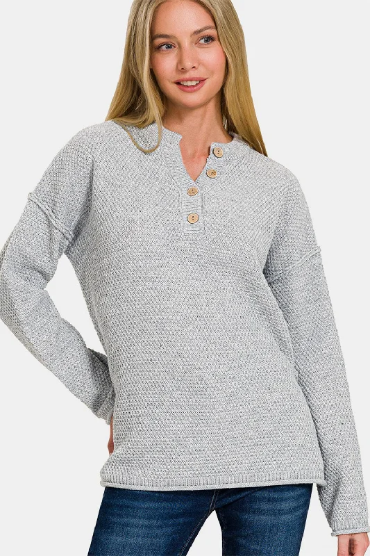 V - Neck Women Sweater to Elongate the NecklineZenana Button Closure Drop Shoulder Sweater