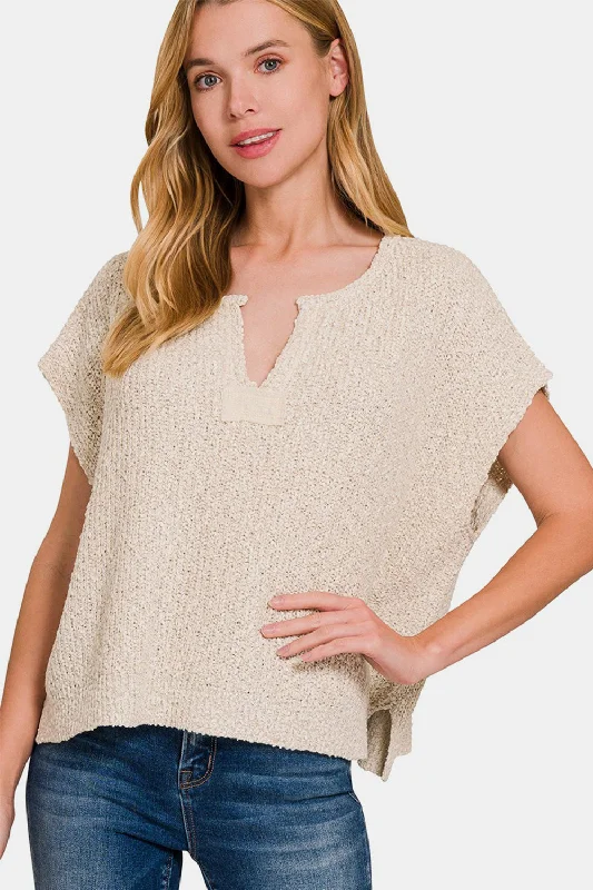 Open - Front Women Sweater for Easy LayeringZenana Short Sleeve Side Slit Sweater