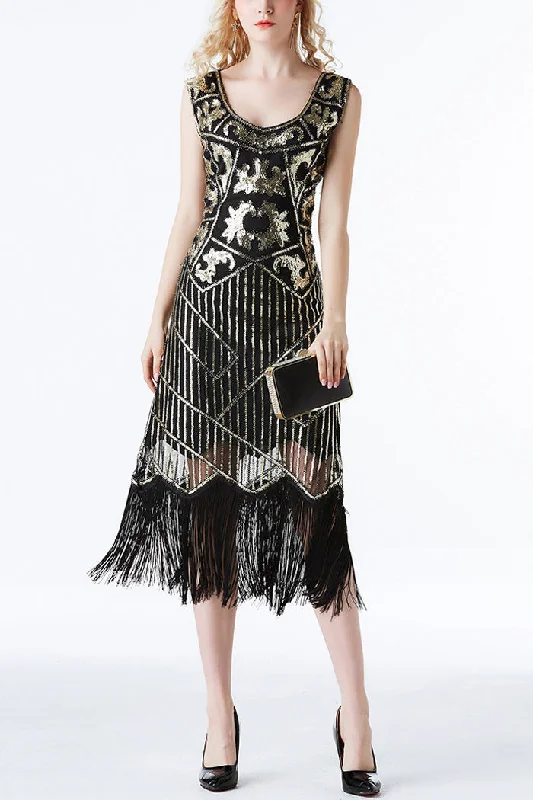 Ball Gown Women Dress with a Full Skirt for a Princess - like Look1920s Black Sequins Flapper Tea-Length Dress