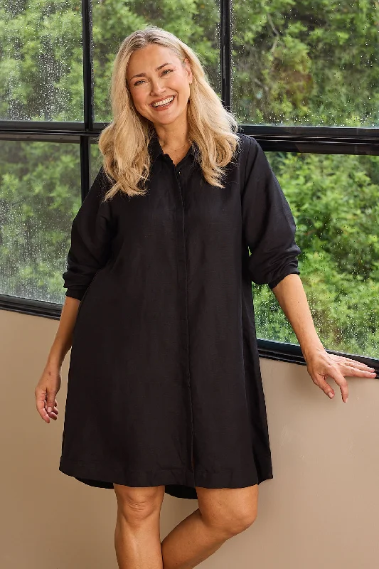 Shift Women Dress with a Simple and Classic Design for Everyday WearAnouk Linen Shirt Dress in Black