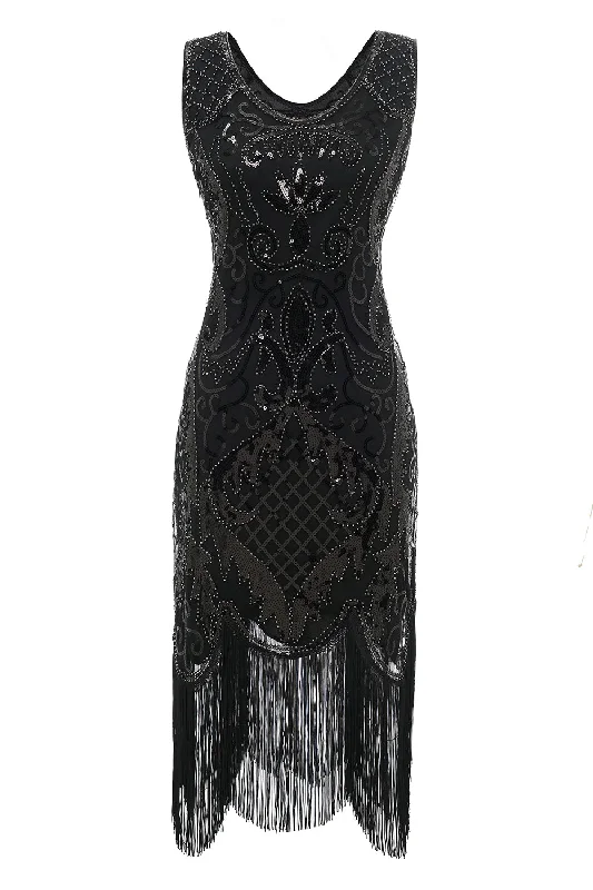 Ruffled Women Dress with Multiple Layers for a Playful and Girly StyleBlack V-neck Fringe Sequins 1920s Dress