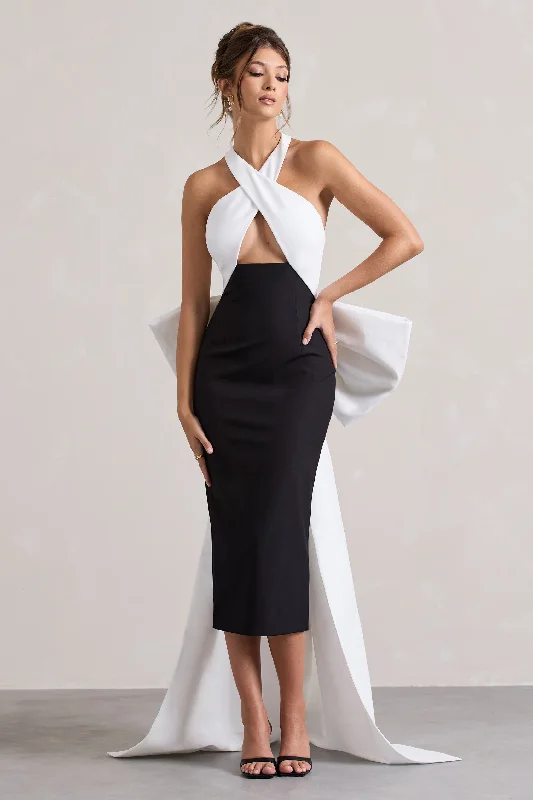 Plus Size Women Dress with a Flattering A - Line Cut for Comfort and StyleBlanca | Black & White Halter-Neck Cut-Out Midi Dress With Oversized Bow