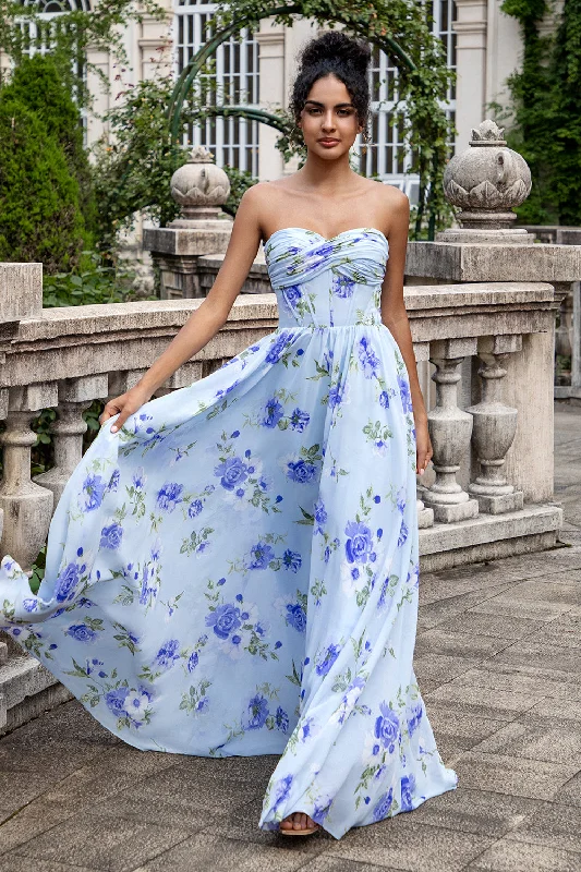 Mini Women Dress with a Short Hem for a Young and Trendy StyleBlue Floral A Line Sweetheart Strapless Print Pleated Long Wedding Guest Dress