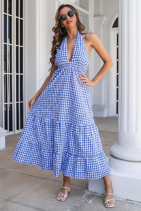 Pleated Women Dress with a Timeless and Elegant TextureBlue Plaid Boho Maxi Summer Dress