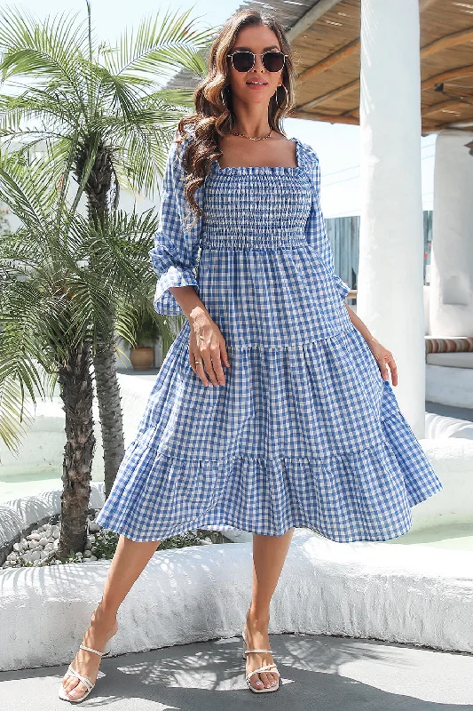 Mermaid - Style Women Dress with a Fitted Silhouette for Special OccasionsBlue Plaid Off Shoulder Summer Dress