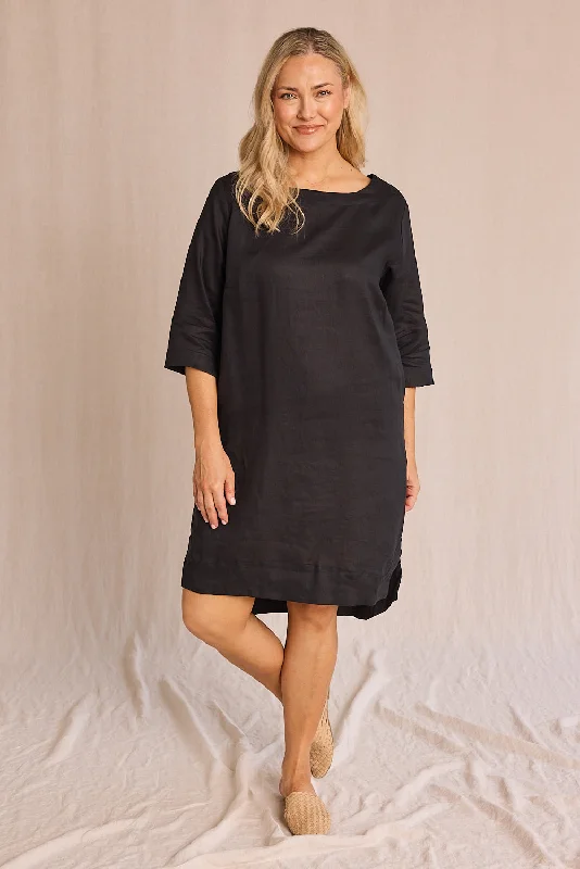 Strapless Women Dress with a Built - in Bra for Comfort and SupportBoatneck Linen Shift Dress in Black