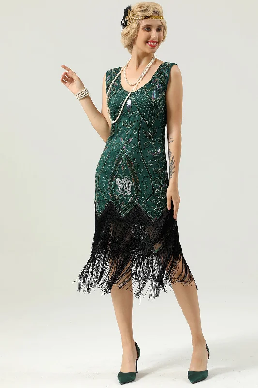 Pleated Women Dress with a Timeless and Elegant TextureDark Green Beaded Glitter Fringe 1920s Flapper Dress