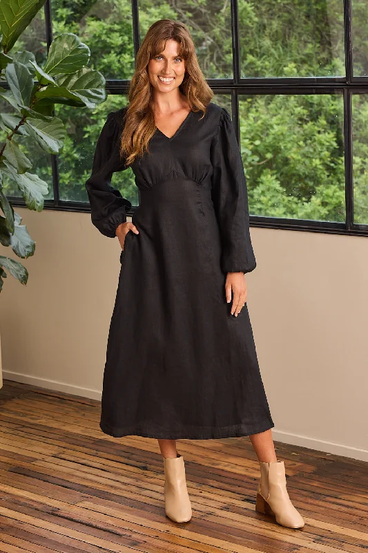 Little Black Women Dress with Sequins for a Glamorous Night OutFarrah Long Sleeve Linen Dress in Black