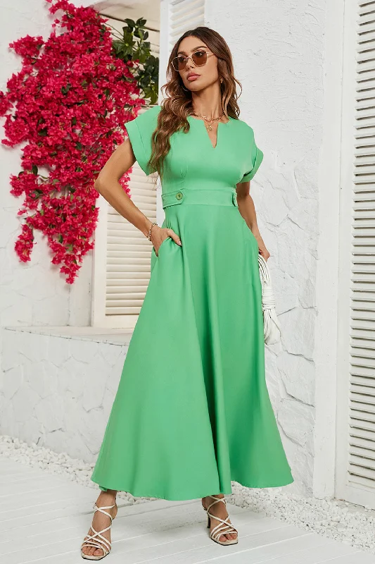 Ball Gown Women Dress with a Full Skirt for a Princess - like LookGreen Short Sleeves Tea Length Summer Dress