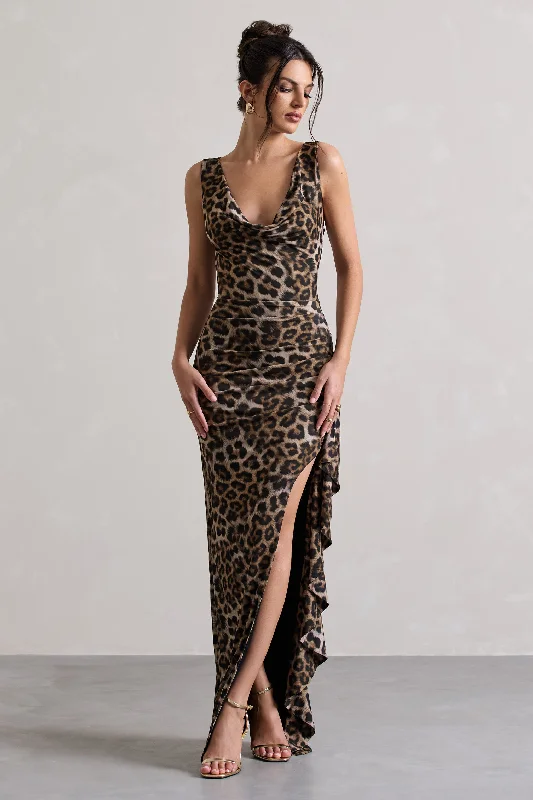 Ball Gown Women Dress with a Full Skirt for a Princess - like LookKaida | Leopard Print Cowl-Neck Ruffled Split Maxi Dress