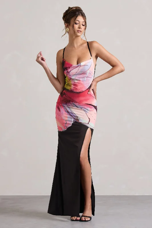 Pleated Women Dress with a Timeless and Elegant TextureKali | Black Floral Print Cowl-Neck Open-Back Split Maxi Dress