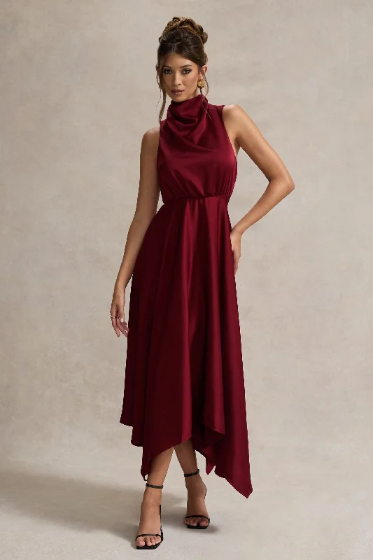 Empire Waist Women Dress to Accentuate the Bust and Conceal the WaistKerri | Berry Satin Cowl-Neck Maxi Dress