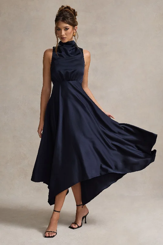 Ruffled Women Dress with Multiple Layers for a Playful and Girly StyleKerri | Navy Satin Cowl-Neck Maxi Dress