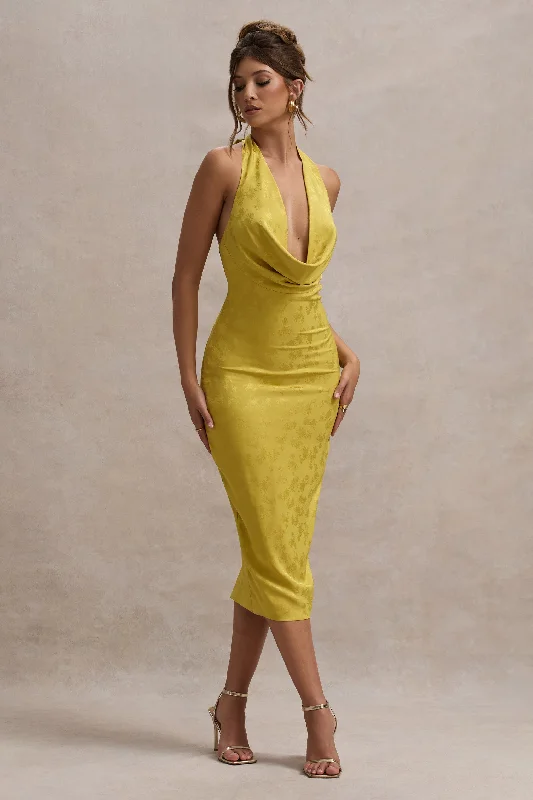 Sleeveless Women Dress in Bright Colors for Summer PartiesMaciza | Mustard Satin Jacquard Cowl-Neck Midi Dress