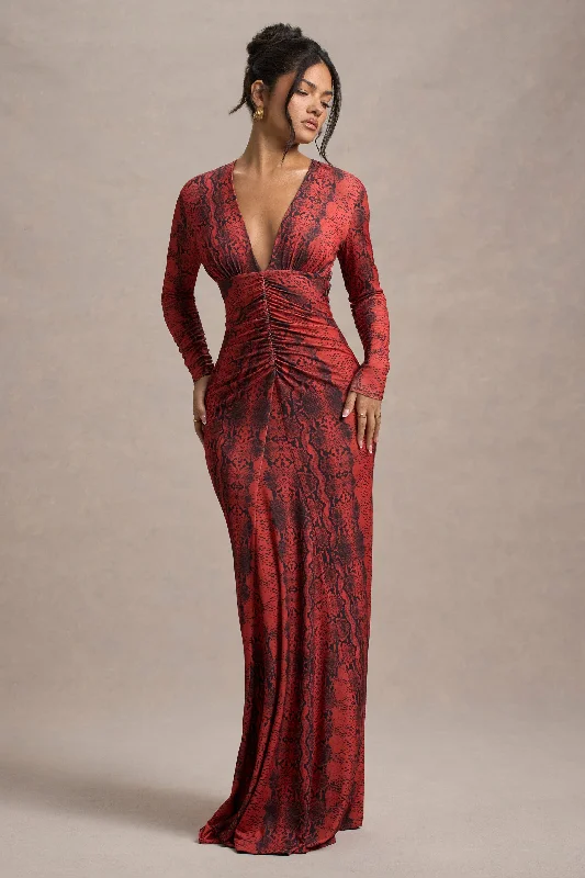 Plus Size Women Dress with a Flattering A - Line Cut for Comfort and StyleMamba | Red Snake Print Plunge-Neck Long-Sleeve Maxi Dress