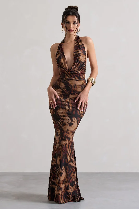 Backless Women Dress for a Sexy and Alluring Look at Evening EventsMilani | Animal Print Backless Cowl Neck Fishtail Maxi Dress