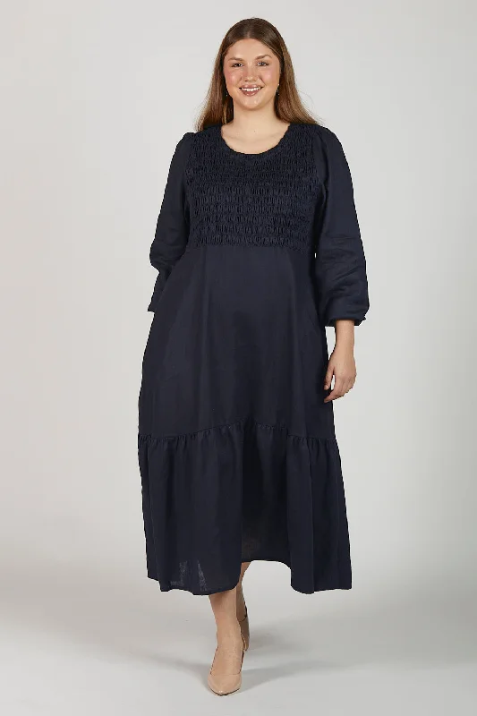 Empire Waist Women Dress to Accentuate the Bust and Conceal the WaistMinden Linen Long Sleeve Shirred Dress in Navy