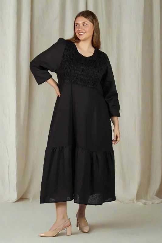 Little Black Women Dress with Sequins for a Glamorous Night OutMinden Linen Long Sleeve Shirred Dress in Black