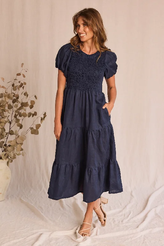 Off - the - Shoulder Women Dress for a Romantic and Feminine LookMinden Linen Shirred Short Sleeve Dress in Navy