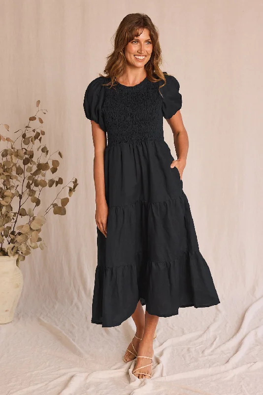 Sheath Women Dress with a Tailored Fit for a Professional LookMinden Linen Shirred Short Sleeve Dress in Black