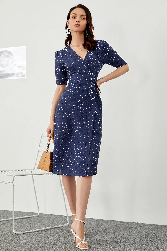 Ball Gown Women Dress with a Full Skirt for a Princess - like LookNavy Polka Dots Midi Summer Wrap Dress