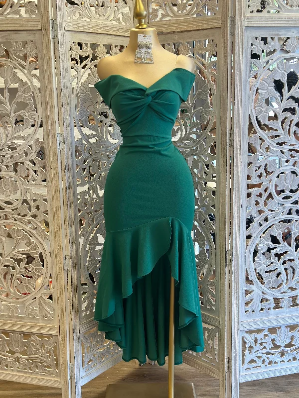 Empire Waist Women Dress to Accentuate the Bust and Conceal the WaistOff Shoulder Ruffle Draped Dress Hunter Green