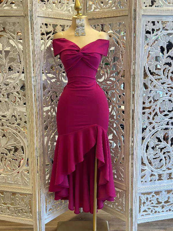 Sleeveless Women Dress in Bright Colors for Summer PartiesOff Shoulder Ruffle Draped Dress Magenta