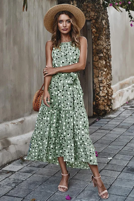 Lace - Embellished Women Dress for an Elegant and Sophisticated AppearancePink Polka Dots Maxi Boho Dress