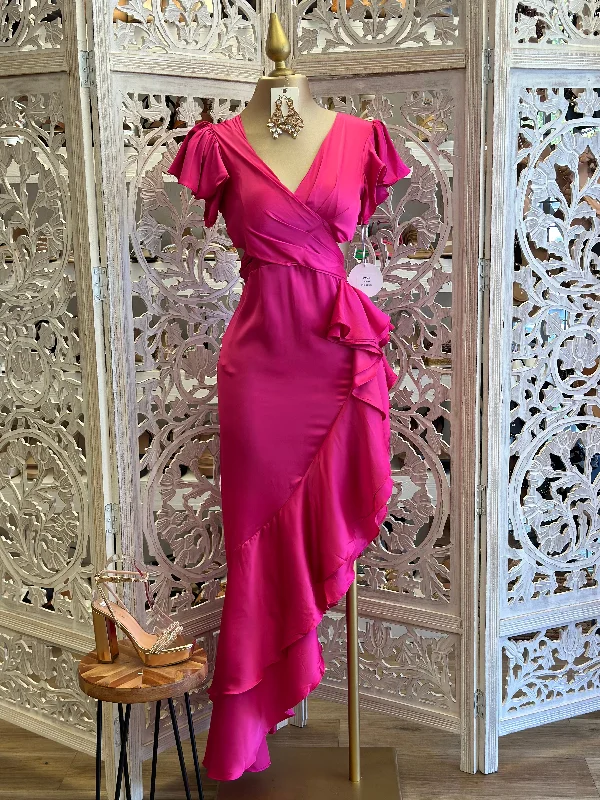 Sleeveless Women Dress in Bright Colors for Summer PartiesPink Satin Ruffle Cutout Dress