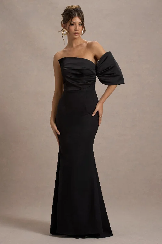 Sheath Women Dress with a Tailored Fit for a Professional LookRosora | Black Asymmetric One-Sleeve Fishtail Maxi Dress