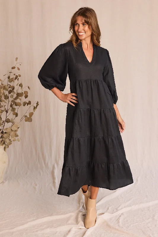 Off - the - Shoulder Women Dress for a Romantic and Feminine LookSabre Linen V-Neck Dress in Black