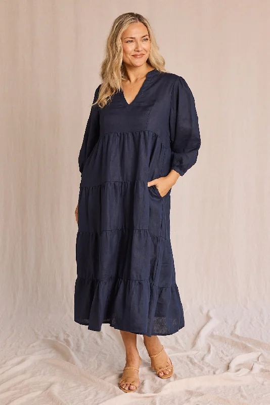 Mini Women Dress with a Short Hem for a Young and Trendy StyleSabre Linen V-Neck Dress in Navy