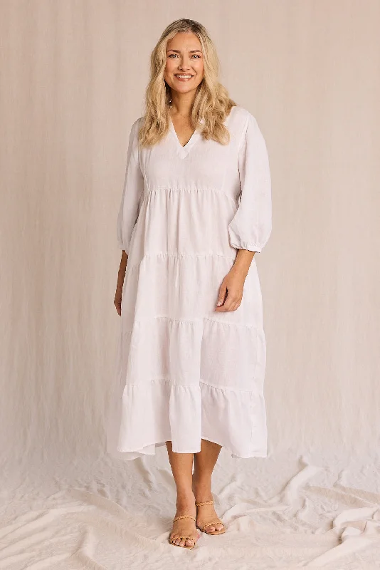 Shift Women Dress with a Simple and Classic Design for Everyday WearSabre Linen V-Neck Dress in White